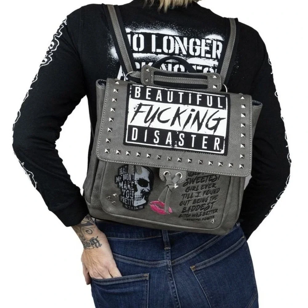 Beautiful Disaster Grey Studded Convertible Backpack Crossbody Bag Skull Punk